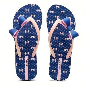 Coquette Bowknot LOLITA POP AZUL Pink & Navy Preppy Rubber Thong Flip Flops 8 🎀